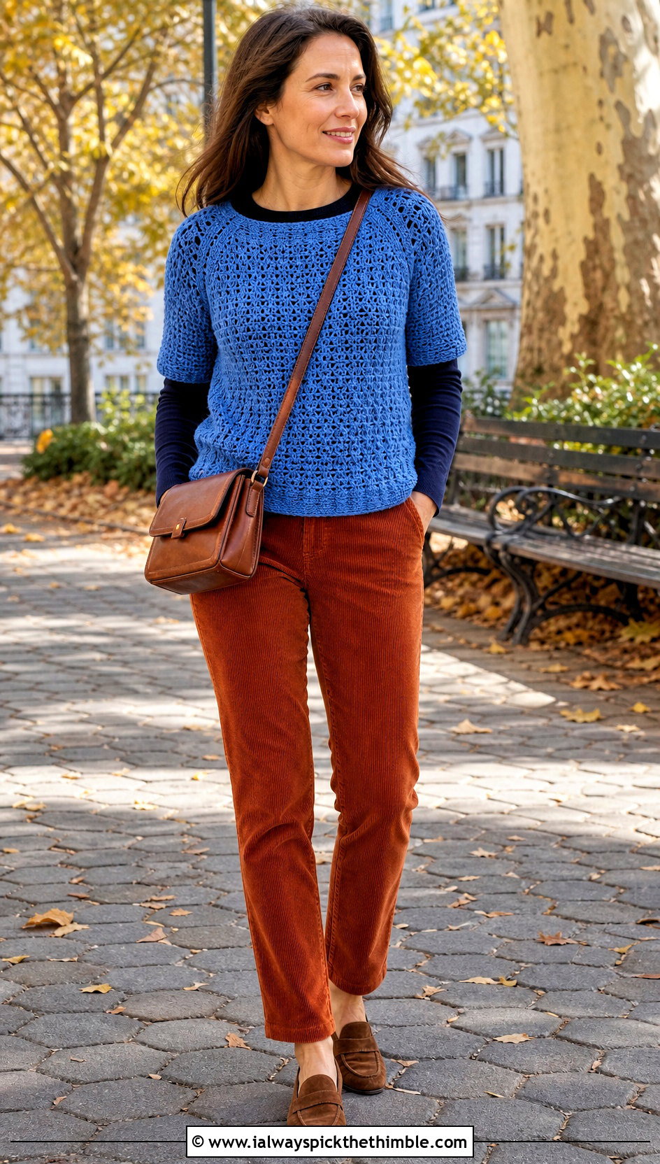 Raglan Lacy Crochet Sweater With Corduroy Pants - 20 Lacy Crochet Sweater outfit ideas