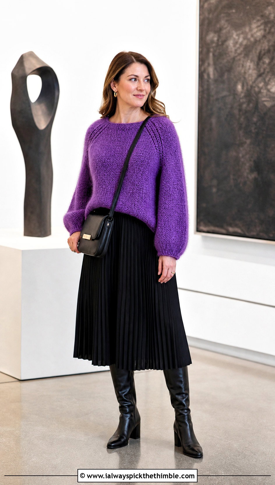 Raglan Mohair Crochet Sweater With Pleated Midi Skirt - 25 mohair crochet sweater outfit ideas
