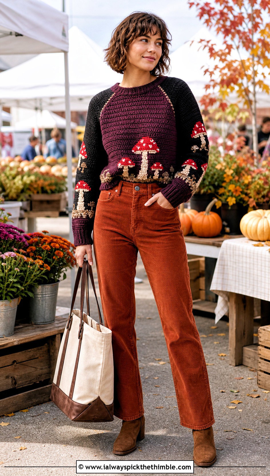 Raglan Mushroom Crochet Sweater With Corduroy Pants - 20 mushroom crochet sweater outfit ideas