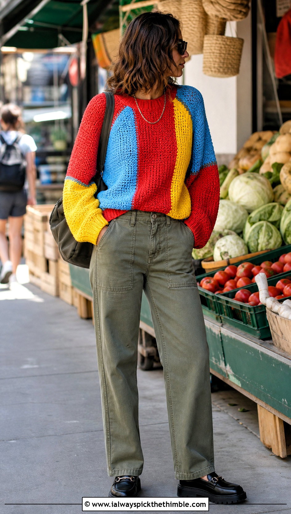 Raglan Patchwork Crochet Sweater With Utility Pants - 25 patchwork crochet sweater outfit ideas