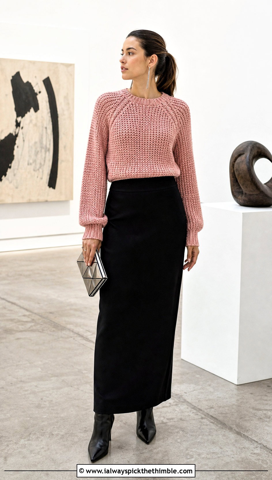 Raglan Pink Crochet Sweater With Column Skirt - 25 pink crochet sweater outfit ideas