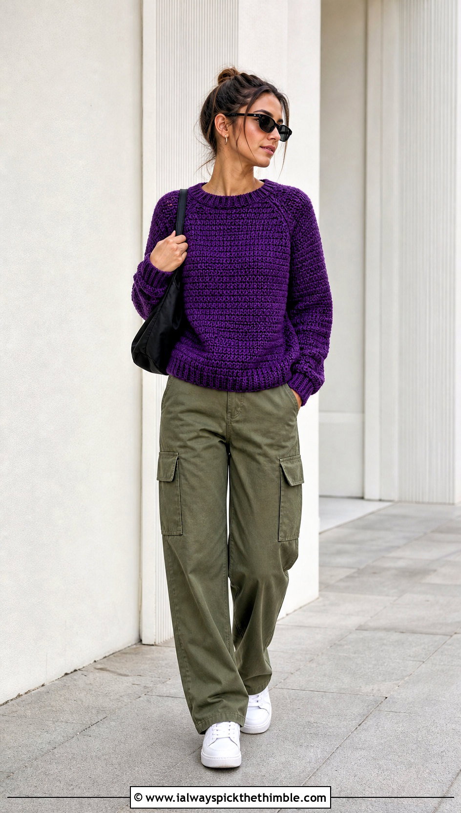 Raglan Purple Crochet Sweater With Cargo Pants - 20 Crochet Purple Sweater outfit ideas