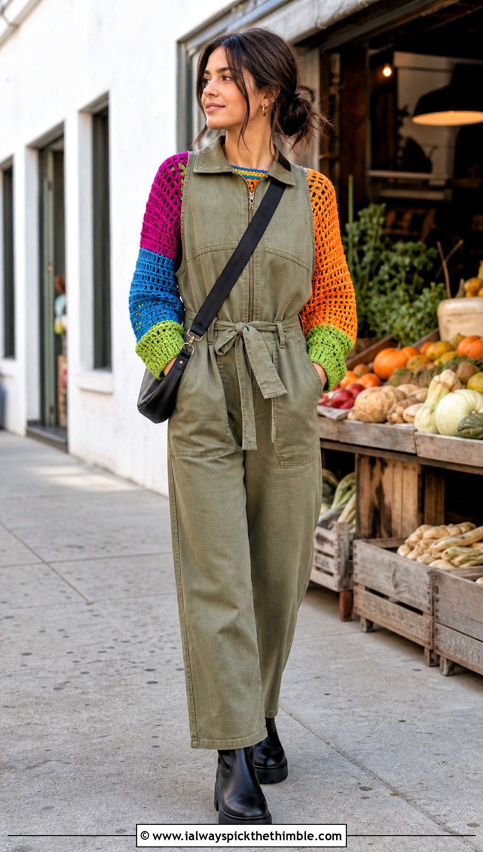 Raglan Rainbow Crochet Sweater With Utility Jumpsuit - 20 Rainbow Crochet Sweater outfit ideas