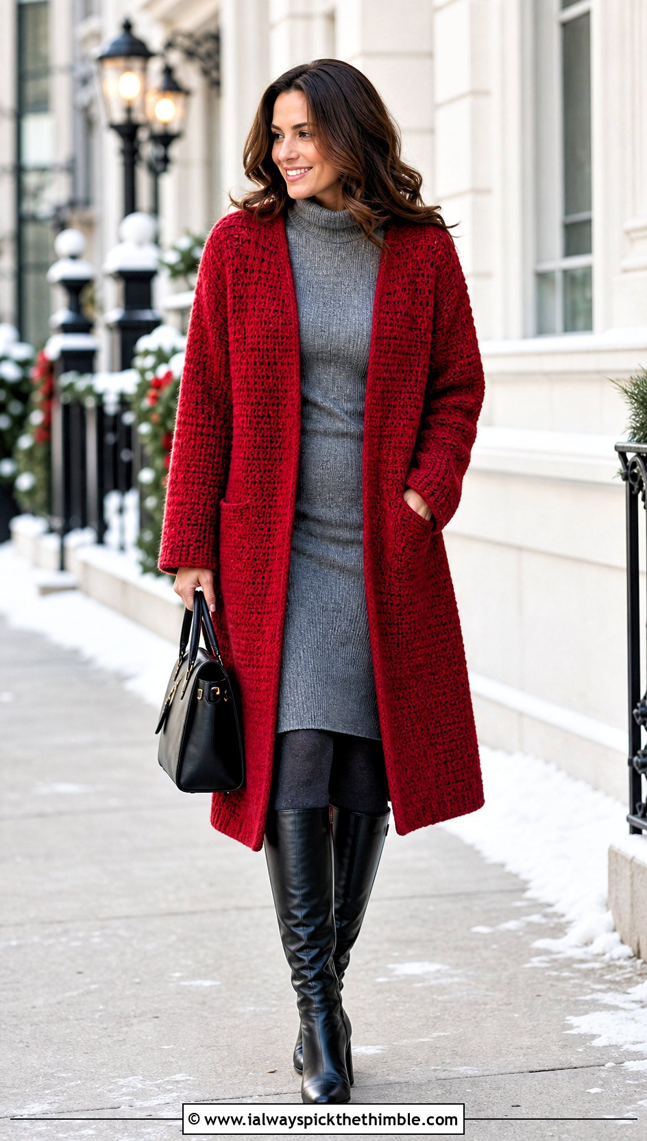 Raglan Sleeve Crochet Coat With Sweater Dress And Boots - 15 beginner crochet coat outfit ideas