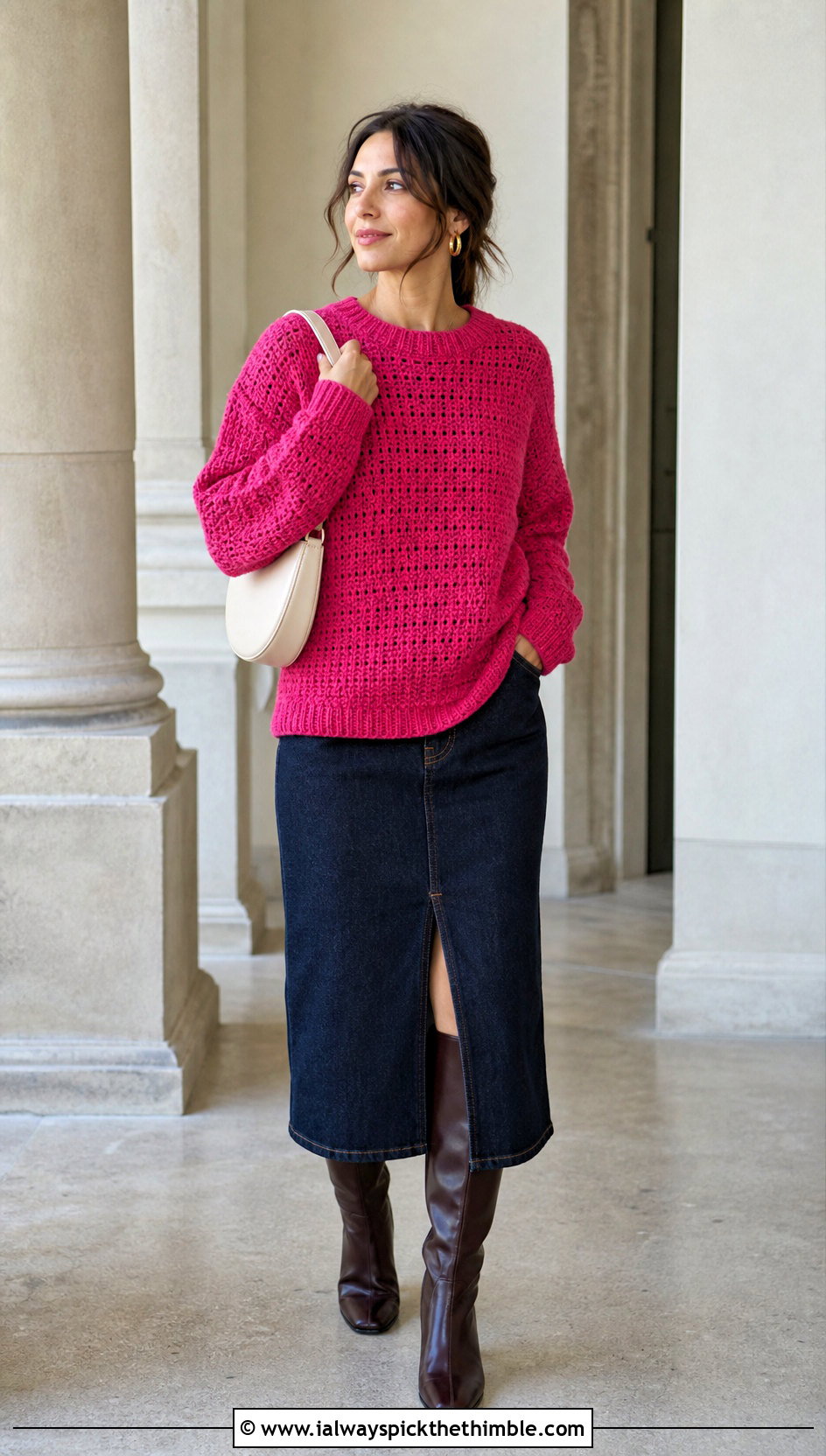 Raglan Sleeve Crochet Cotton Jumper With Denim Midi Skirt - 15 Crochet Cotton Jumper outfit ideas