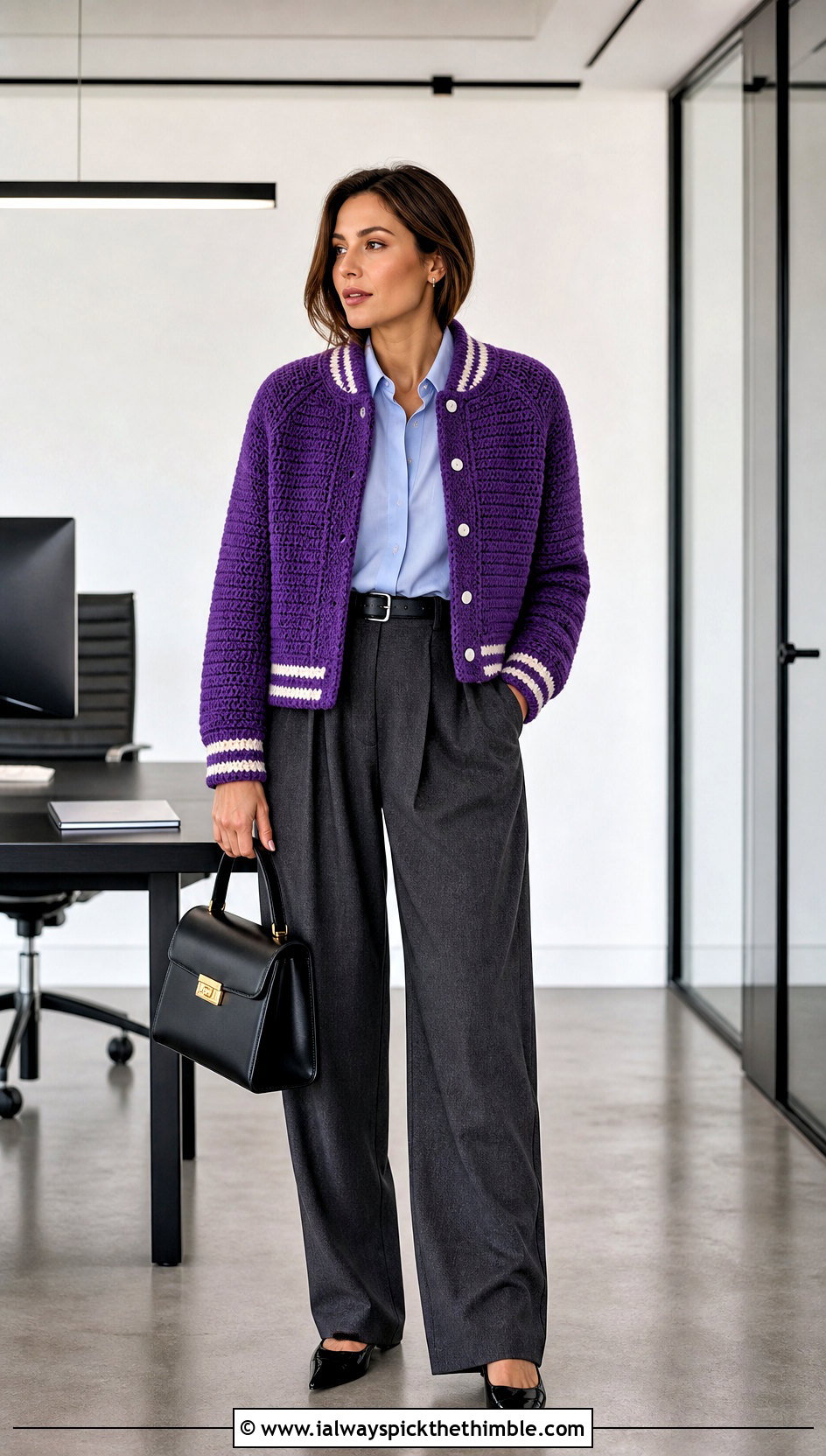 Raglan Sleeve Crochet Letterman Jacket With Tailored Trousers - 20 crochet letterman jacket outfit ideas