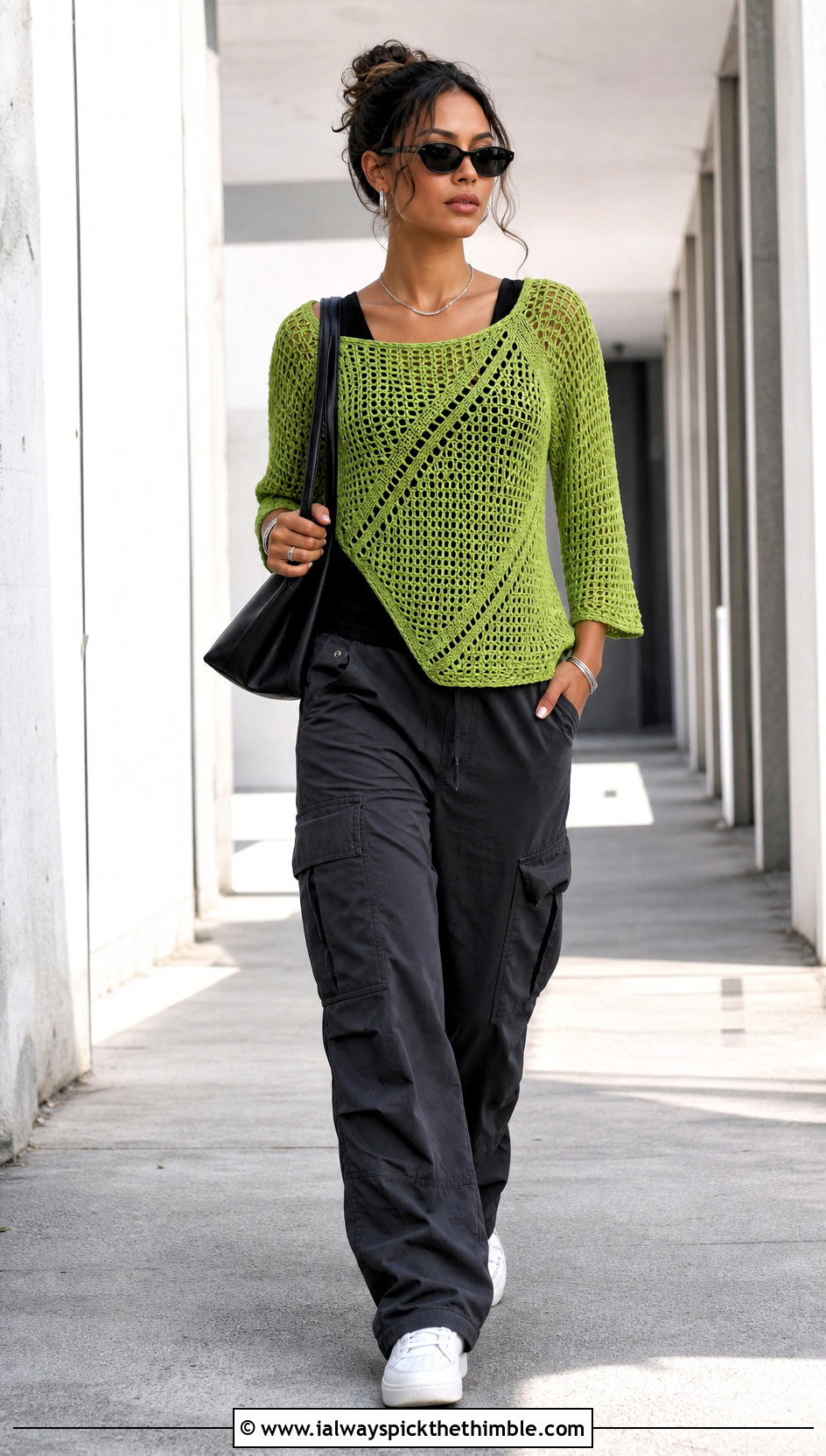 Raglan Sleeve Crochet Top With Cargo Pants - 25 crochet tops with sleeves outfit ideas