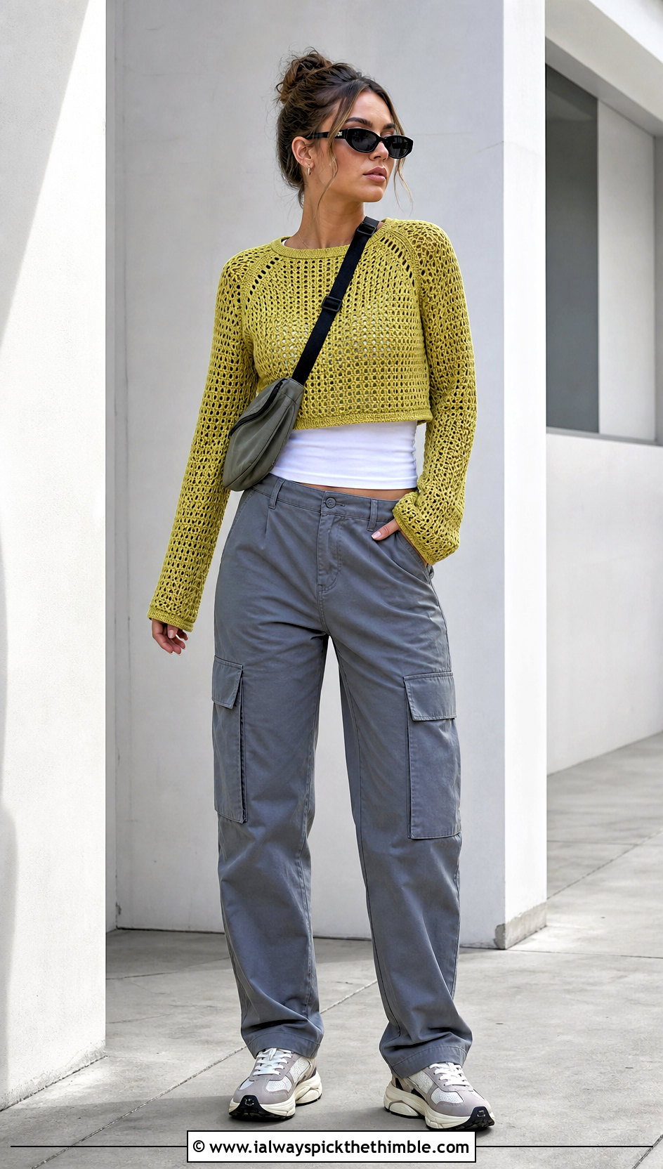 Raglan Sleeve Crochet Top With Cargo Pants - 20 Crochet Top Ideas With Sleeves