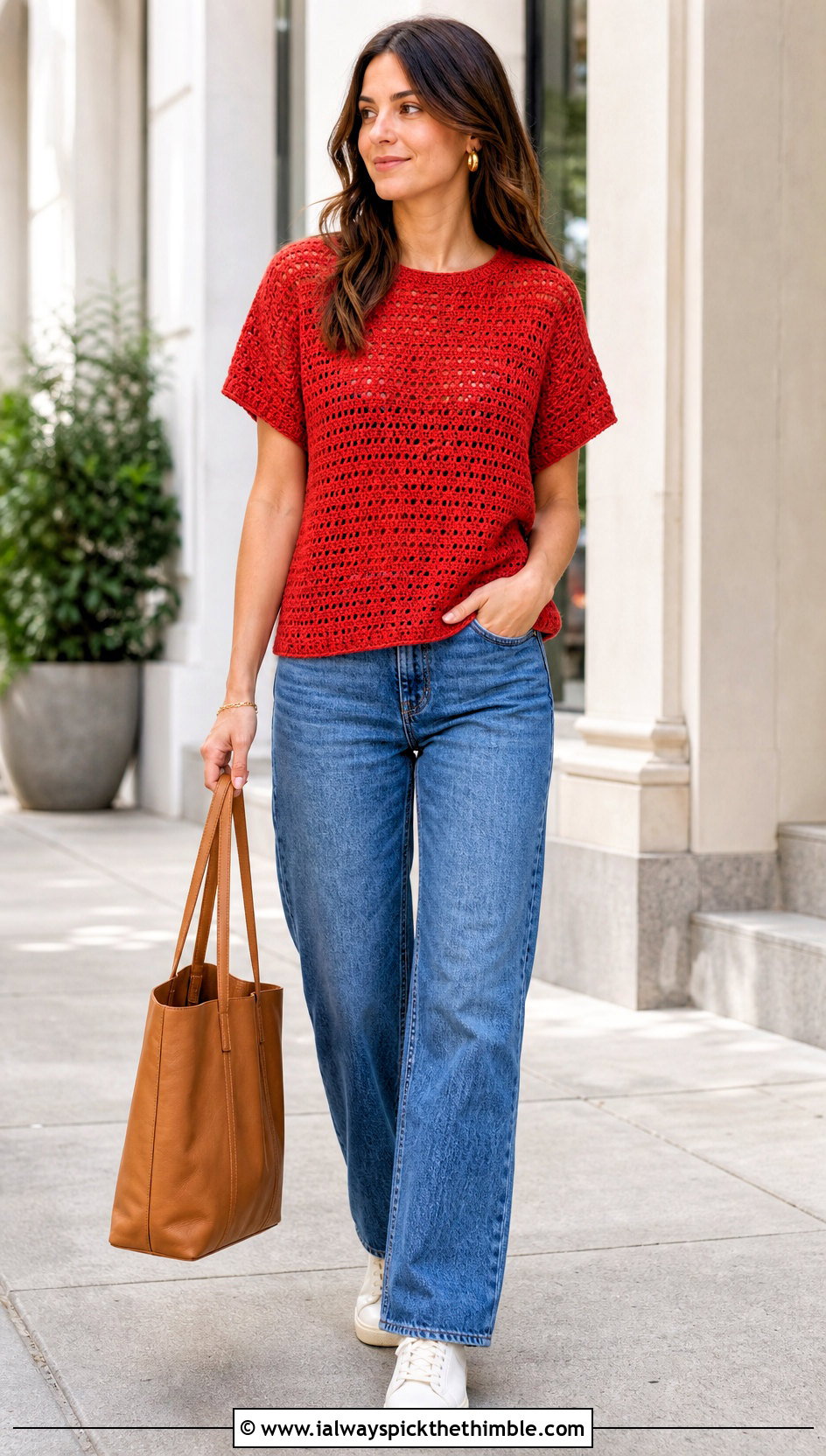 Raglan Sleeve Crochet Top With Straight Leg Jeans - 25 crochet top sleeves outfit ideas