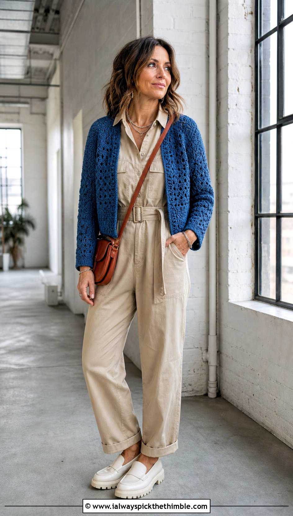 Raglan Sleeve Knit Look Crochet Cardigan With Utility Jumpsuit - 20 Knit Look Crochet Cardigan outfit ideas