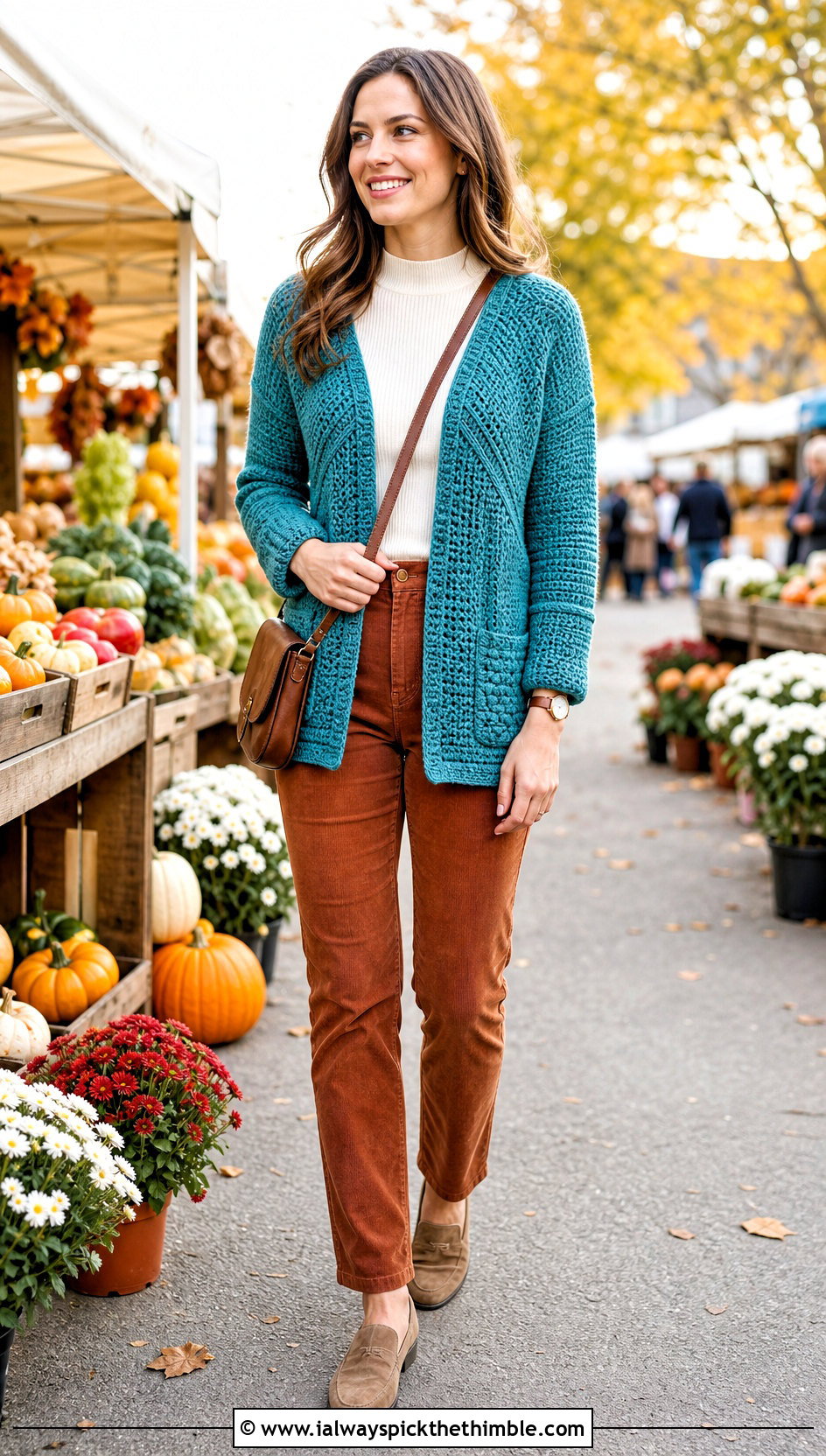 Raglan Sleeve Pocket Crochet Cardigan With Corduroy Pants - 25 crochet cardigan with pockets outfit ideas