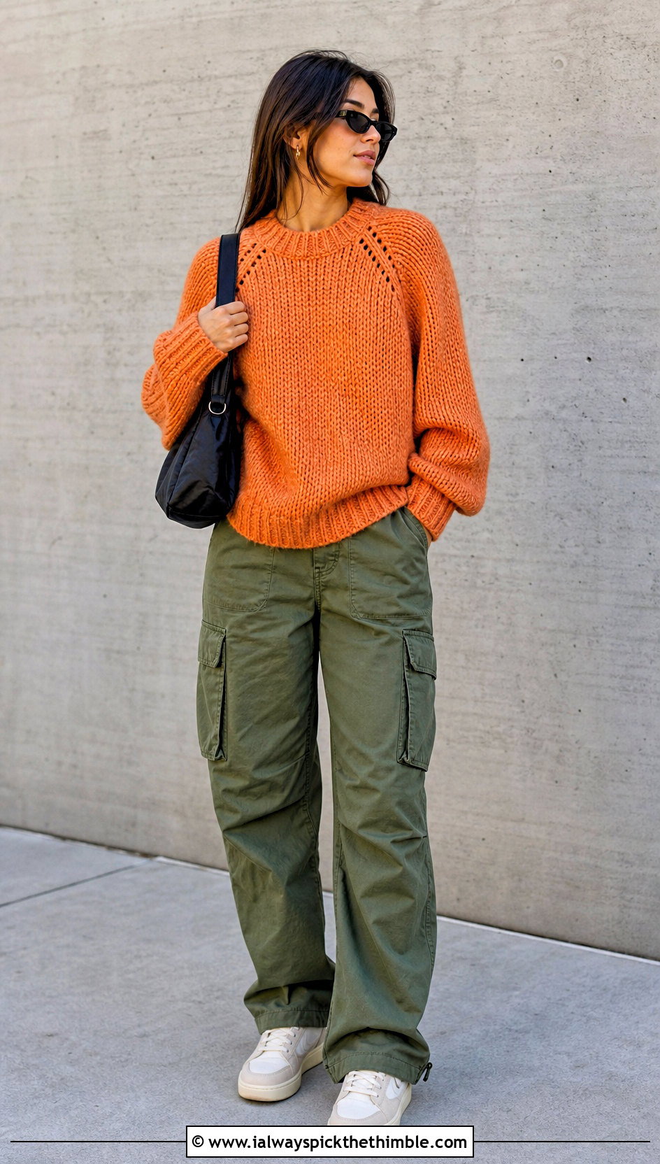 Raglan Soft Crochet Sweater With Cargo Pants - 15 Soft Crochet Sweater outfit ideas