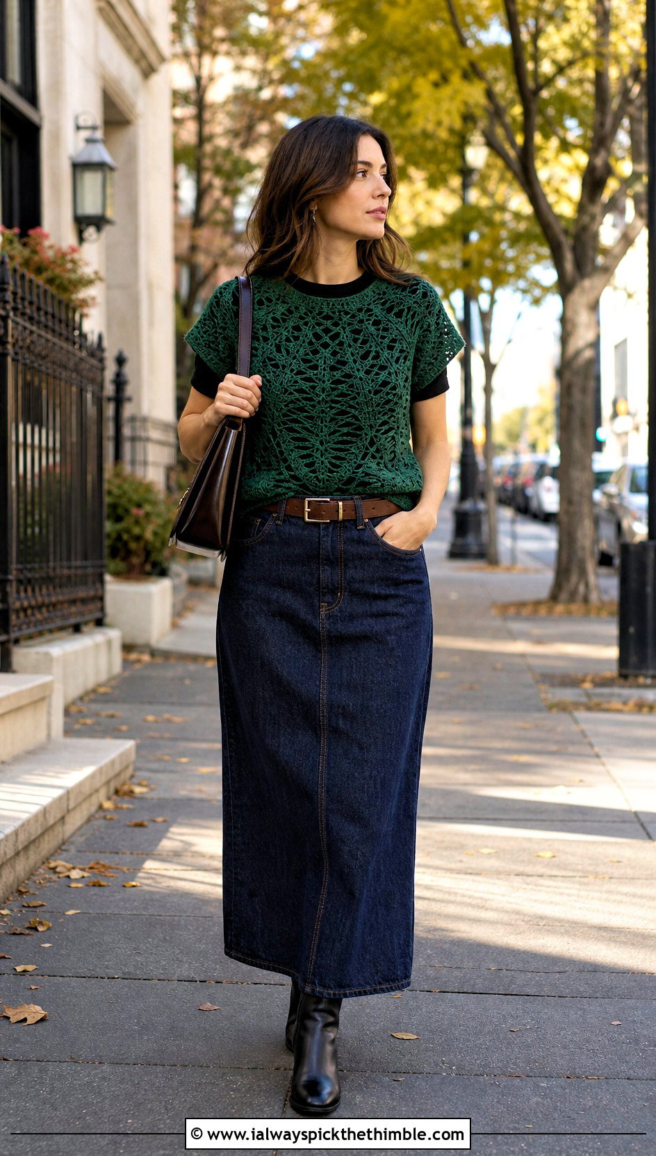 Raglan Spiderweb Crochet Top With Denim Maxi Skirt - 25 spiderweb crochet top outfit ideas