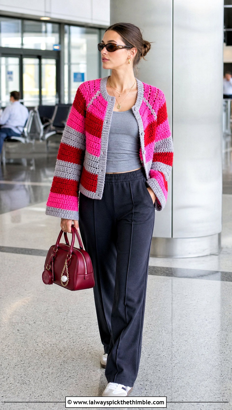Raglan Stripe Crochet Cardigan With Track Pants - 20 striped crochet cardigan outfit ideas