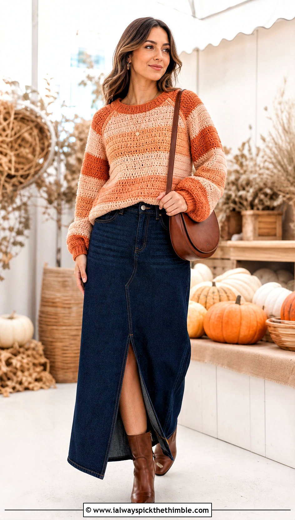 Raglan Striped Crochet Sweater With Denim Maxi Skirt - 20 striped crochet sweater outfit ideas