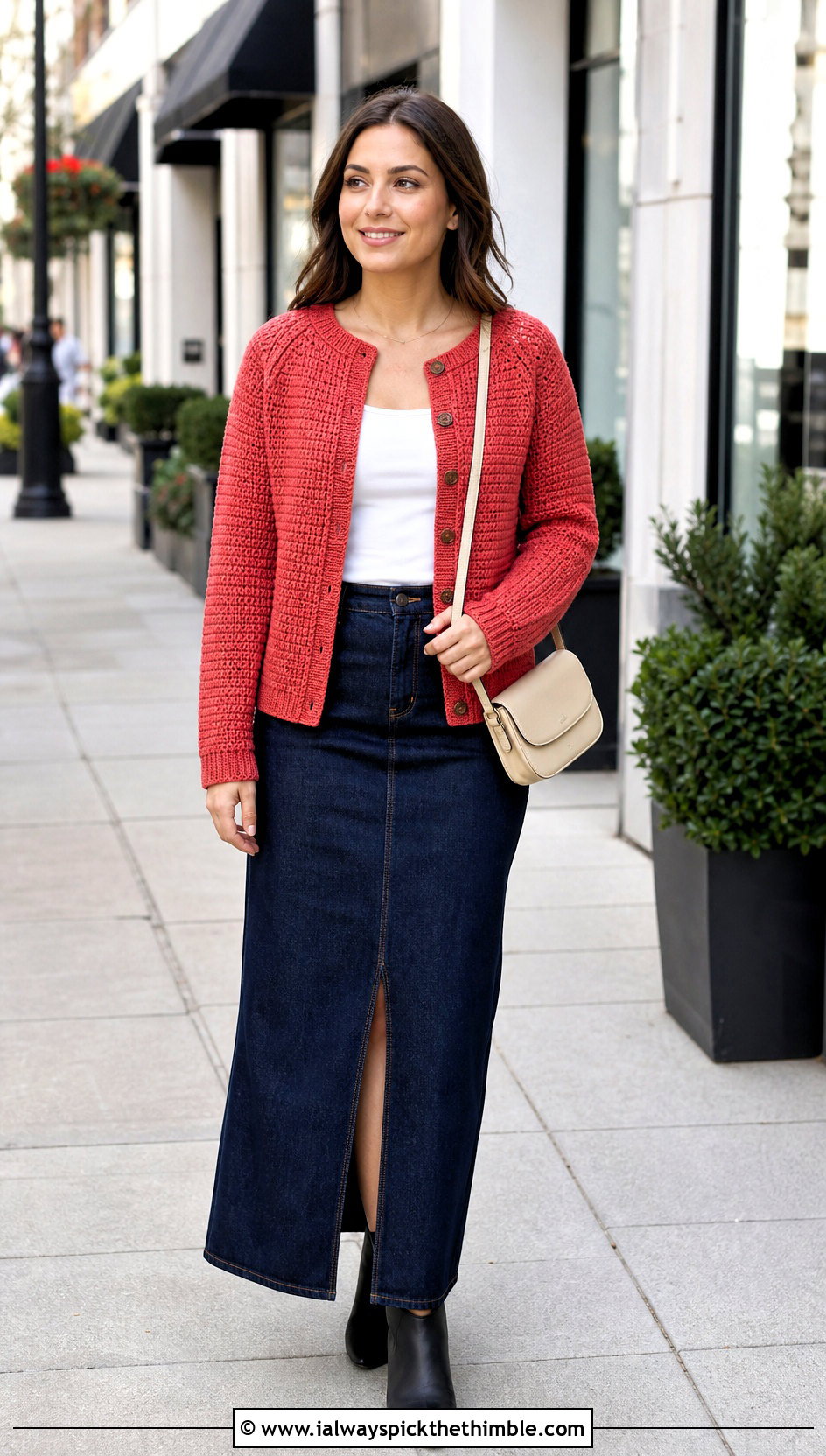 Raglan Tunisian Cardigan With Denim Maxi Skirt - 20 Crochet Tunisian Cardigan outfit ideas