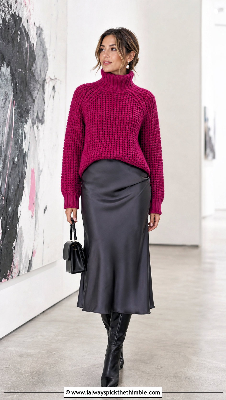 Raglan Turtleneck Crochet Waffle Sweater With Satin Midi Skirt - 15 Crochet Waffle Sweater outfit ideas