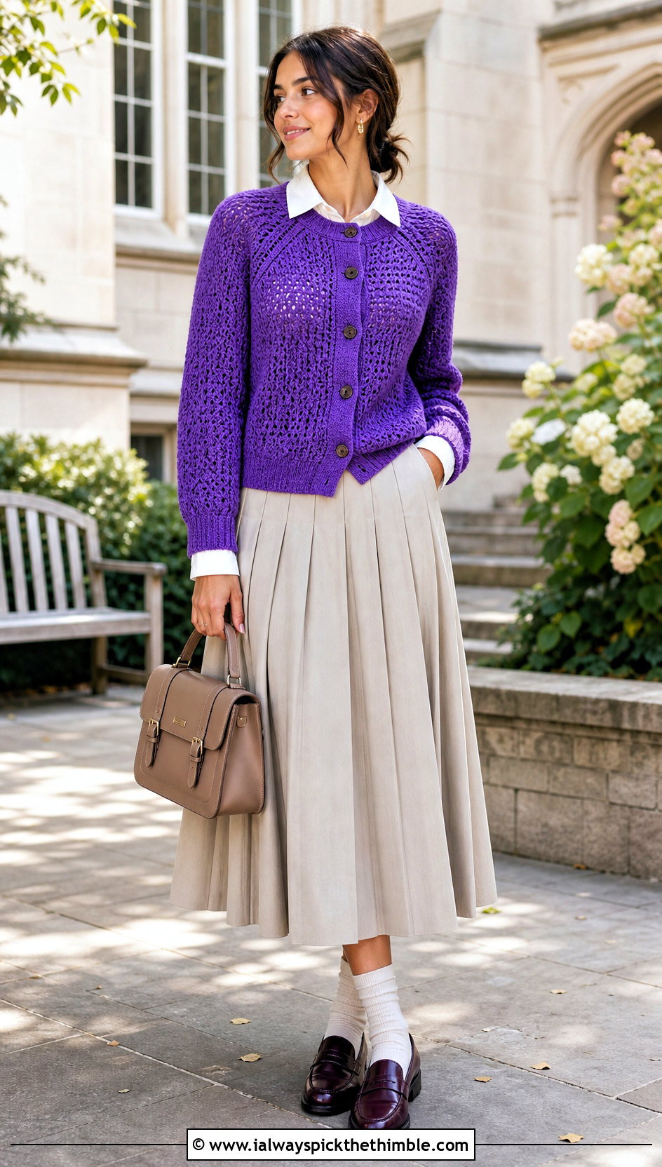 Raglan Yoke Cardigan With Pleated Midi Skirt - 20 Crochet Yoke Cardigan outfit ideas