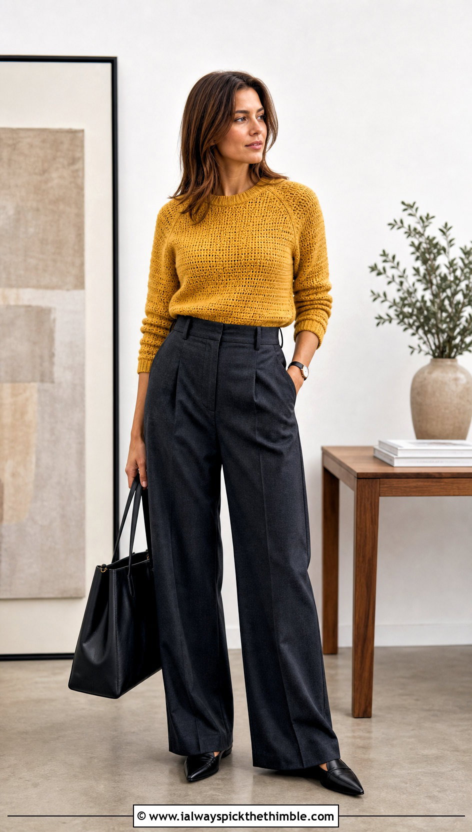 Raglan Yoke Crochet Sweater With Wide Leg Trousers - 20 Yoke Down Crochet Sweater outfit ideas