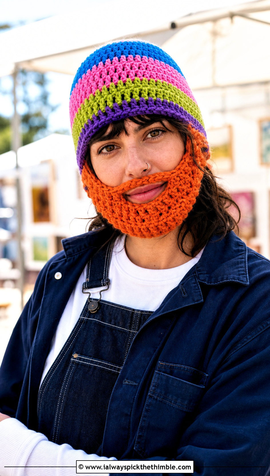Rainbow Beard Crochet Hat With Denim Overalls - 25 crochet beard hat outfit ideas
