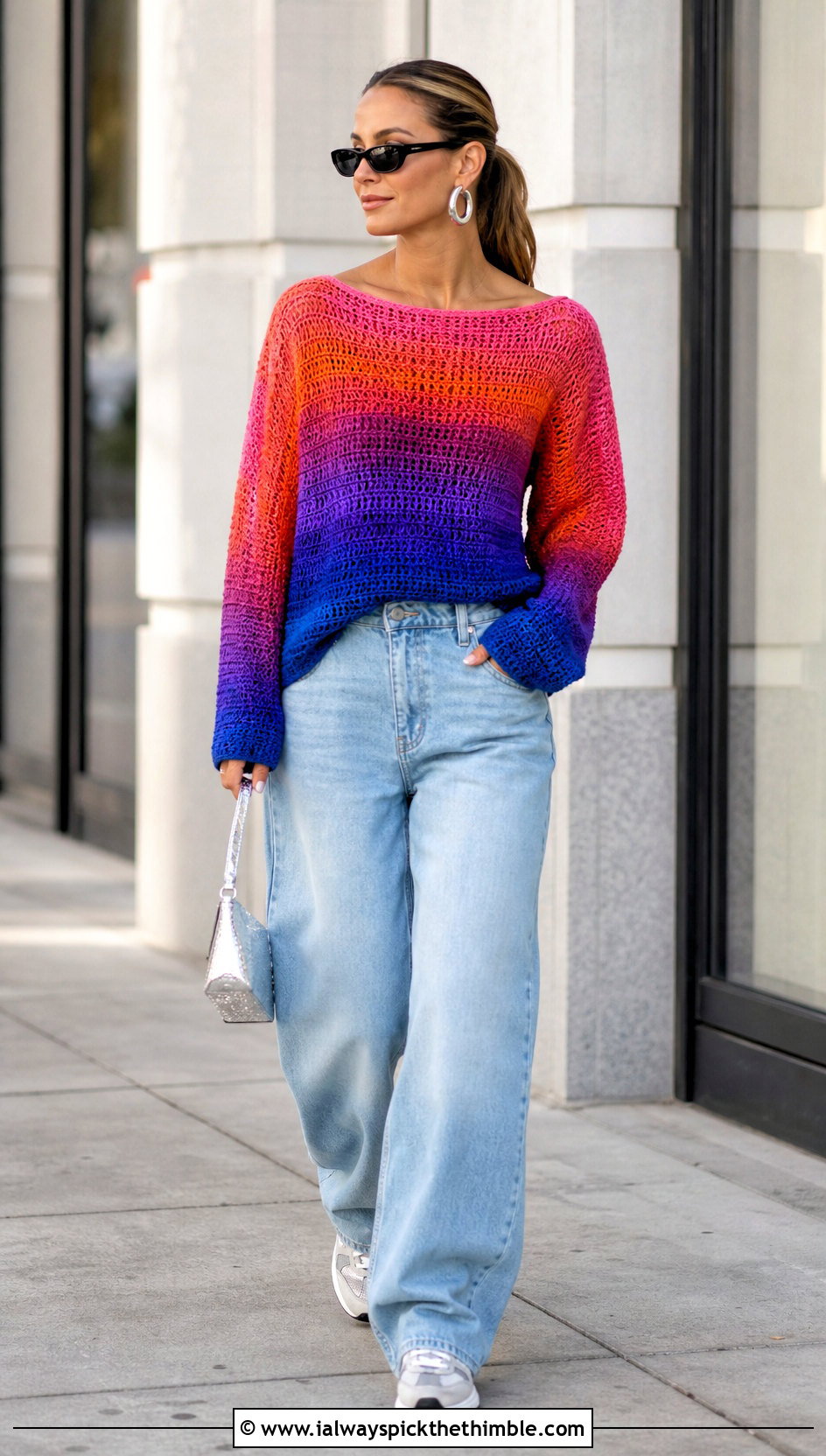 Rainbow Boatneck Crochet Sweater With Barrel Jeans - 15 bright rainbow crochet sweater outfit ideas