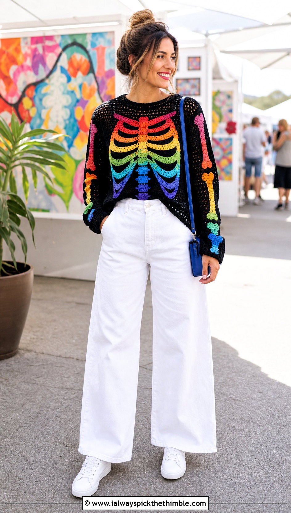 Rainbow Bone Crochet Skeleton Sweater With White Wide Leg Jeans - 20 Crochet Skeleton Sweater outfit ideas