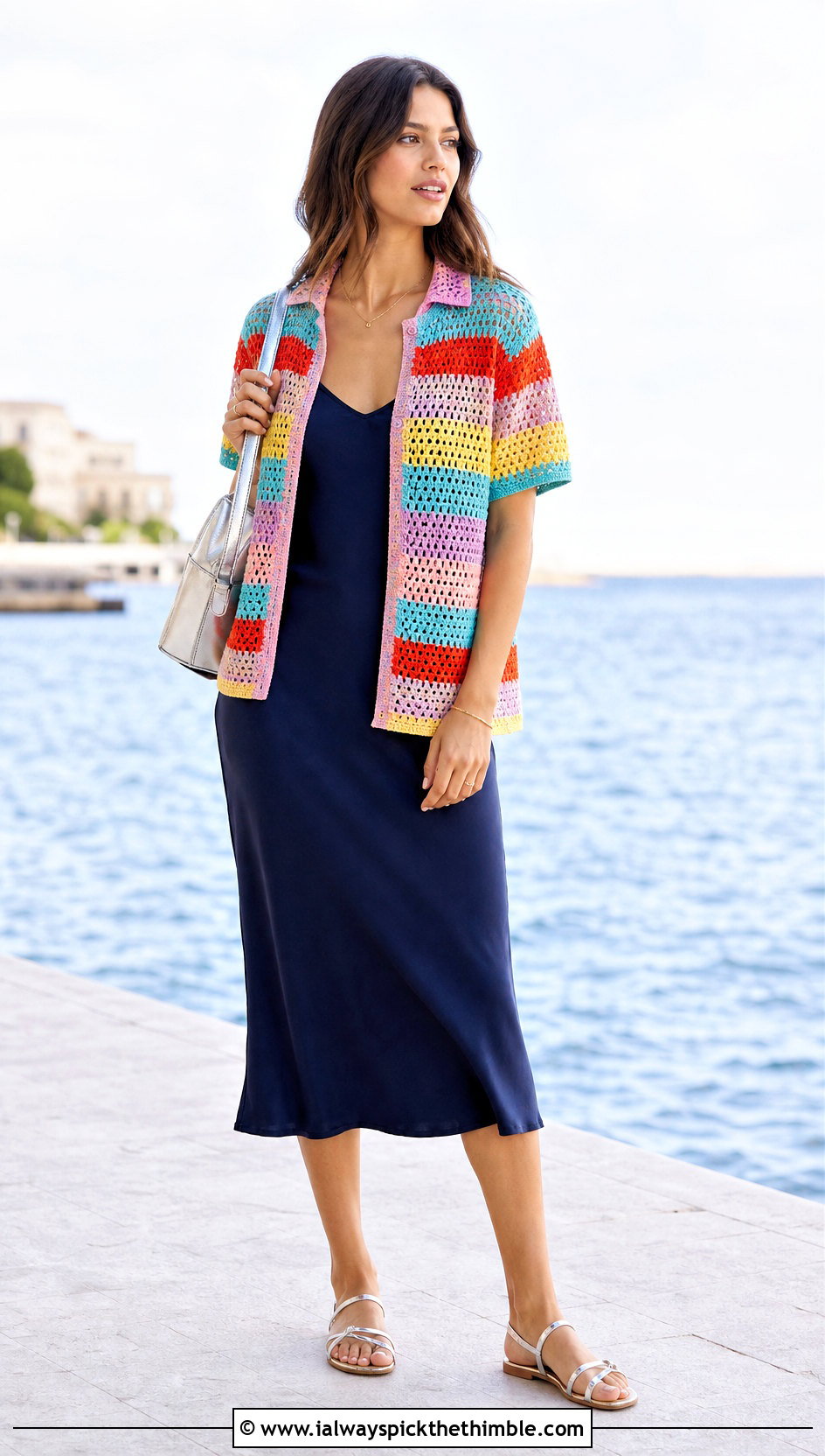 Rainbow Button Front Crochet Shirt With Slip Dress - 15 rainbow crochet summer top outfit ideas