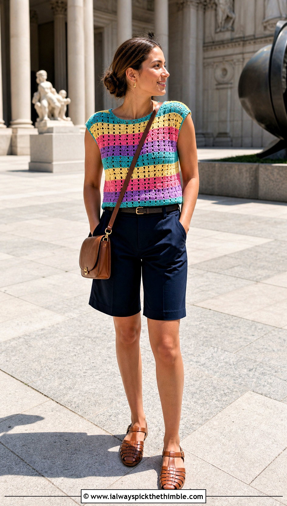 Rainbow Cap Sleeve Crochet Tee With Bermuda Shorts - 20 rainbow crochet top outfit ideas