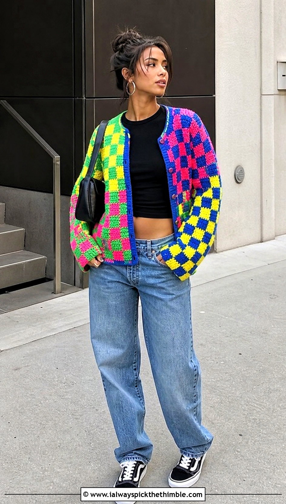 Rainbow Checkerboard Crochet Cardigan With Baggy Jeans - 20 Rainbow Crochet Cardigan outfit ideas