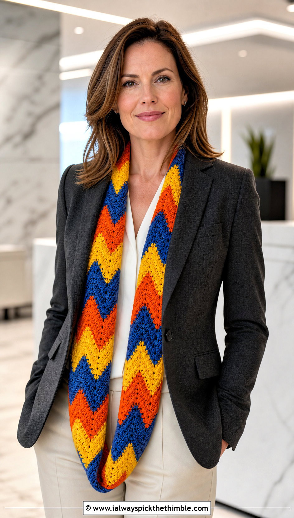 Rainbow Chevron Crayon Scarf With Tailored Suit - 15 Crochet Crayon Scarf outfit ideas