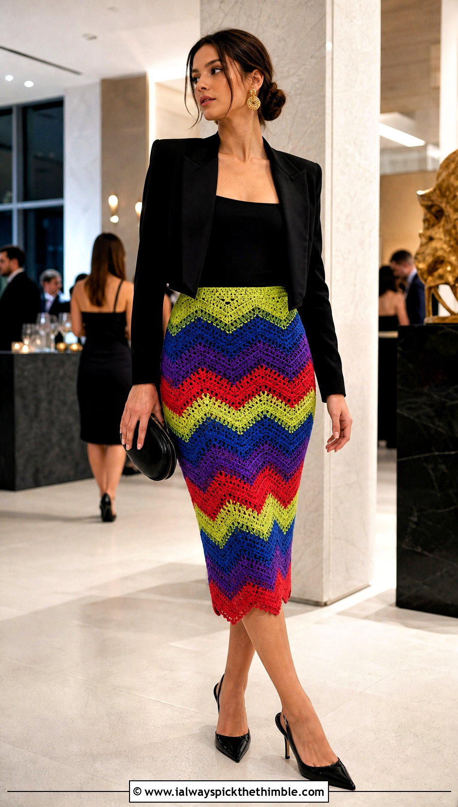 Rainbow Chevron Crochet Pencil Skirt With Black Bodysuit - 20 Rainbow Crochet Skirt outfit ideas