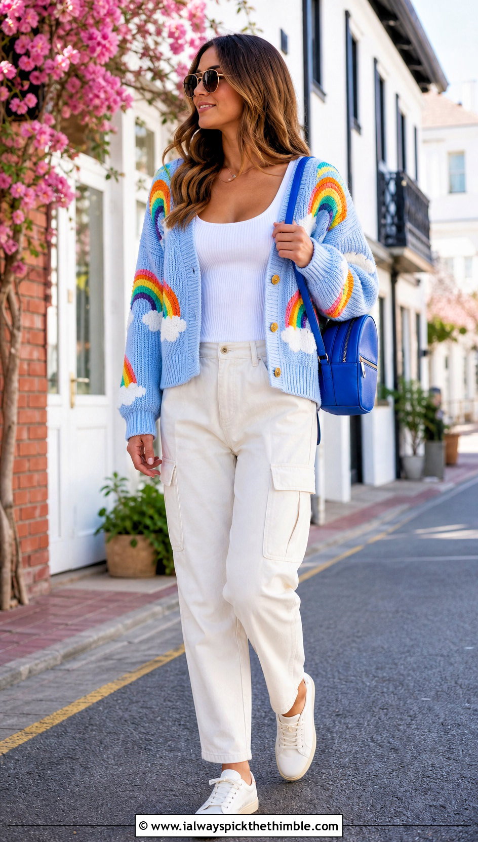 Rainbow Cloud Cardigan With White Utility Pants - 25 crochet cloud cardigan outfit ideas