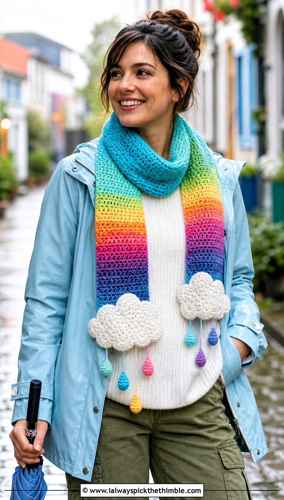 Rainbow Cloud Crochet Scarf With Raincoat - 15 Funny Crochet Scarf outfit ideas