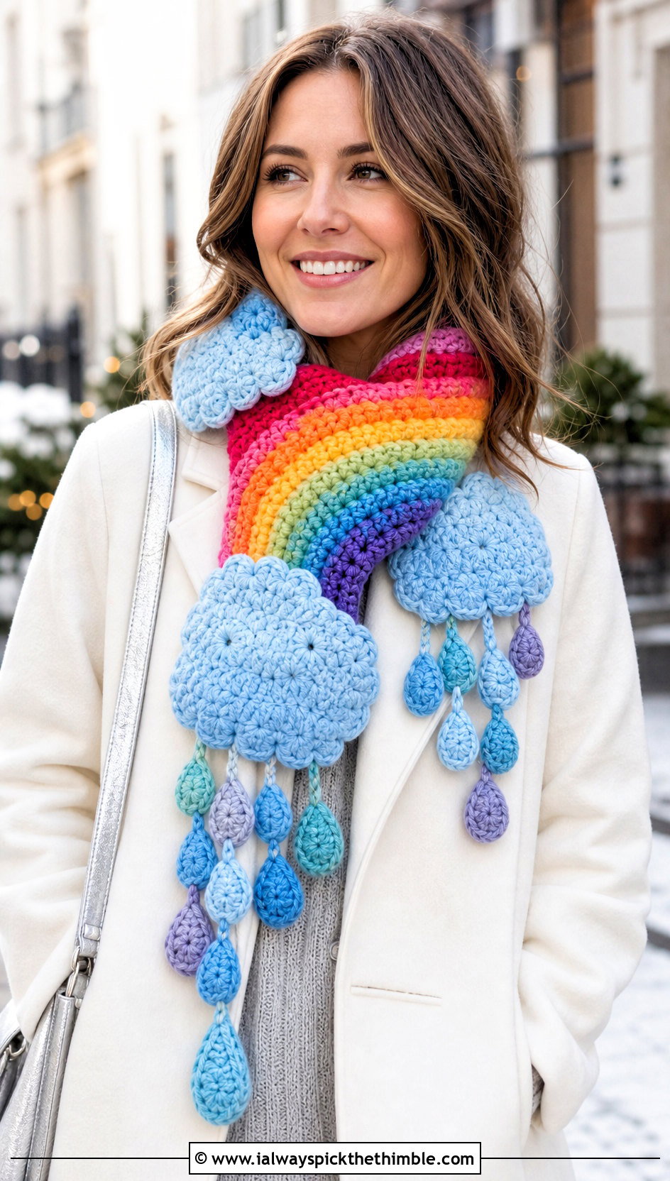 Rainbow Cloud Crochet Scarf With White Coat Outfit - 15 Funny Crochet Scarves outfit ideas
