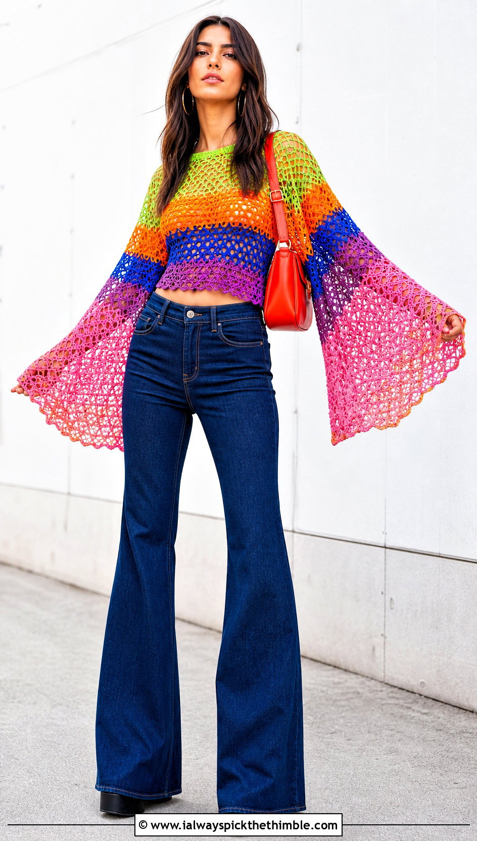 Rainbow Crochet Bell Sleeve Top With Flared Jeans - 25 crochet pride top outfit ideas
