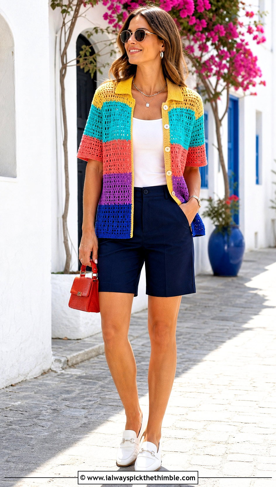 Rainbow Crochet Button Front Shirt With Bermuda Shorts - 25 crochet pride top outfit ideas