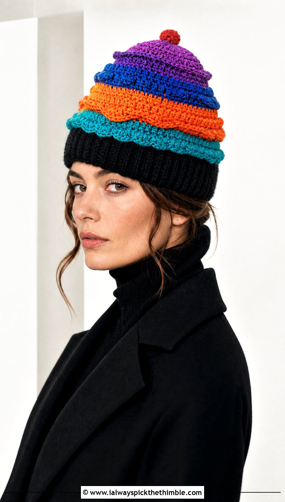 Rainbow Crochet Cupcake Hat With Black Monochrome Outfit - 20 crochet cupcake hat outfit ideas
