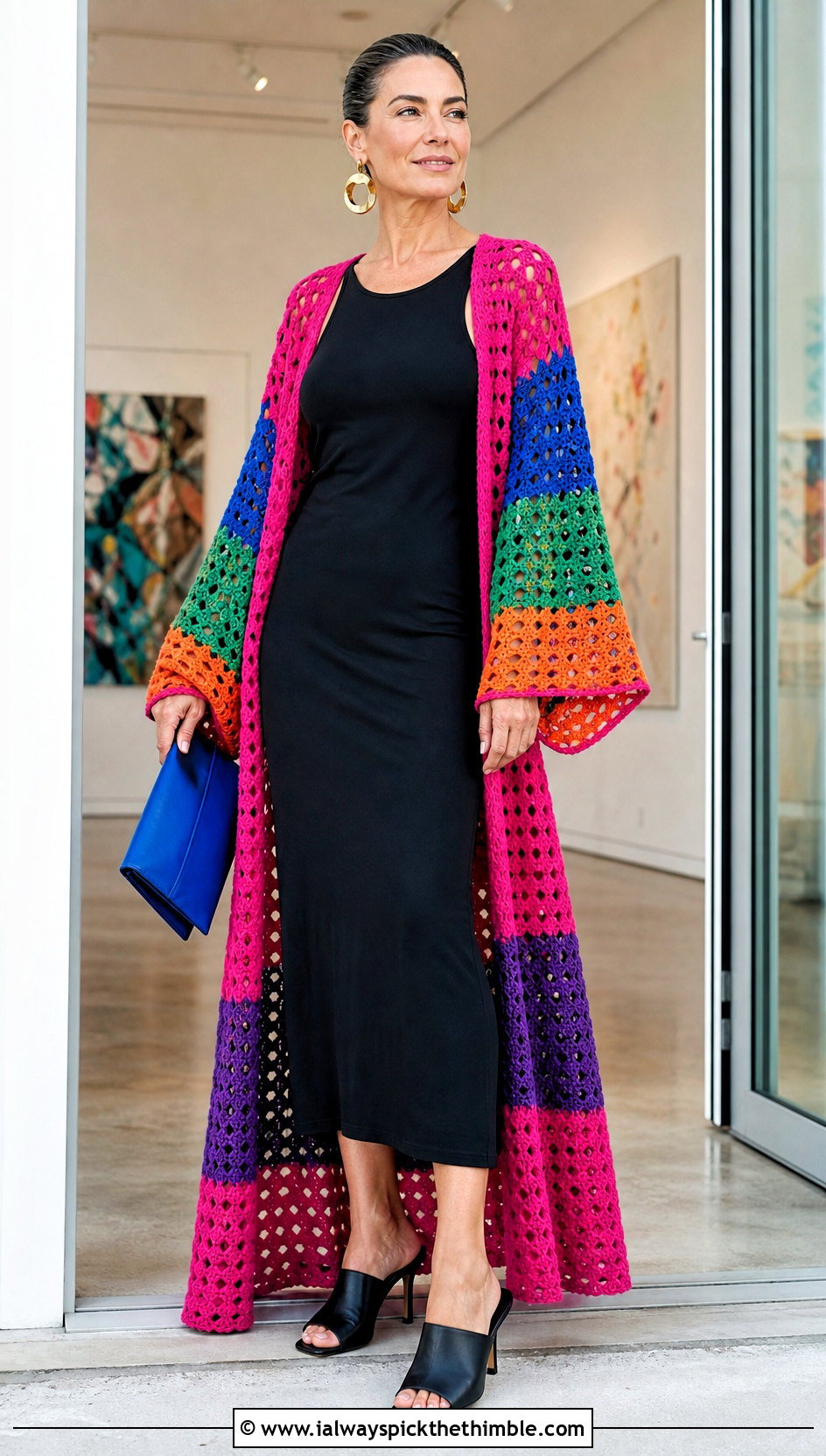 Rainbow Crochet Duster With Black Column Dress - 15 colorful crochet clothing design outfit ideas