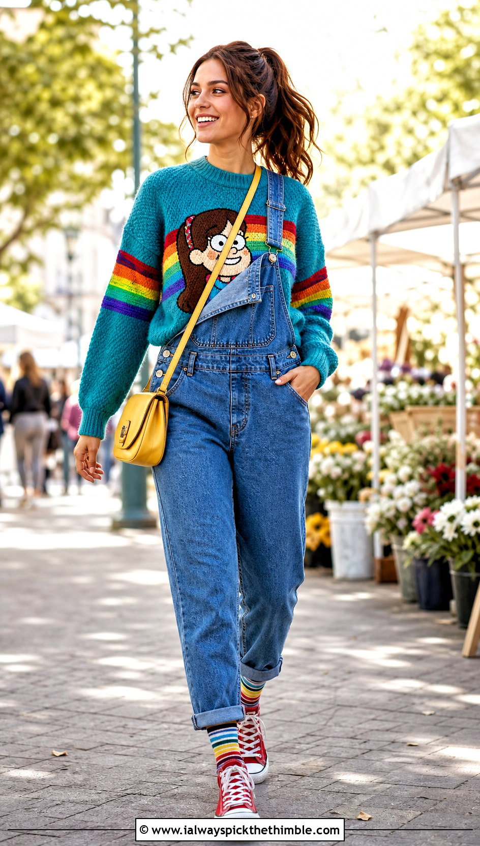 Rainbow Crochet Mabel Pines Sweater With Denim Overalls - 20 crochet mabel pines sweater outfit ideas