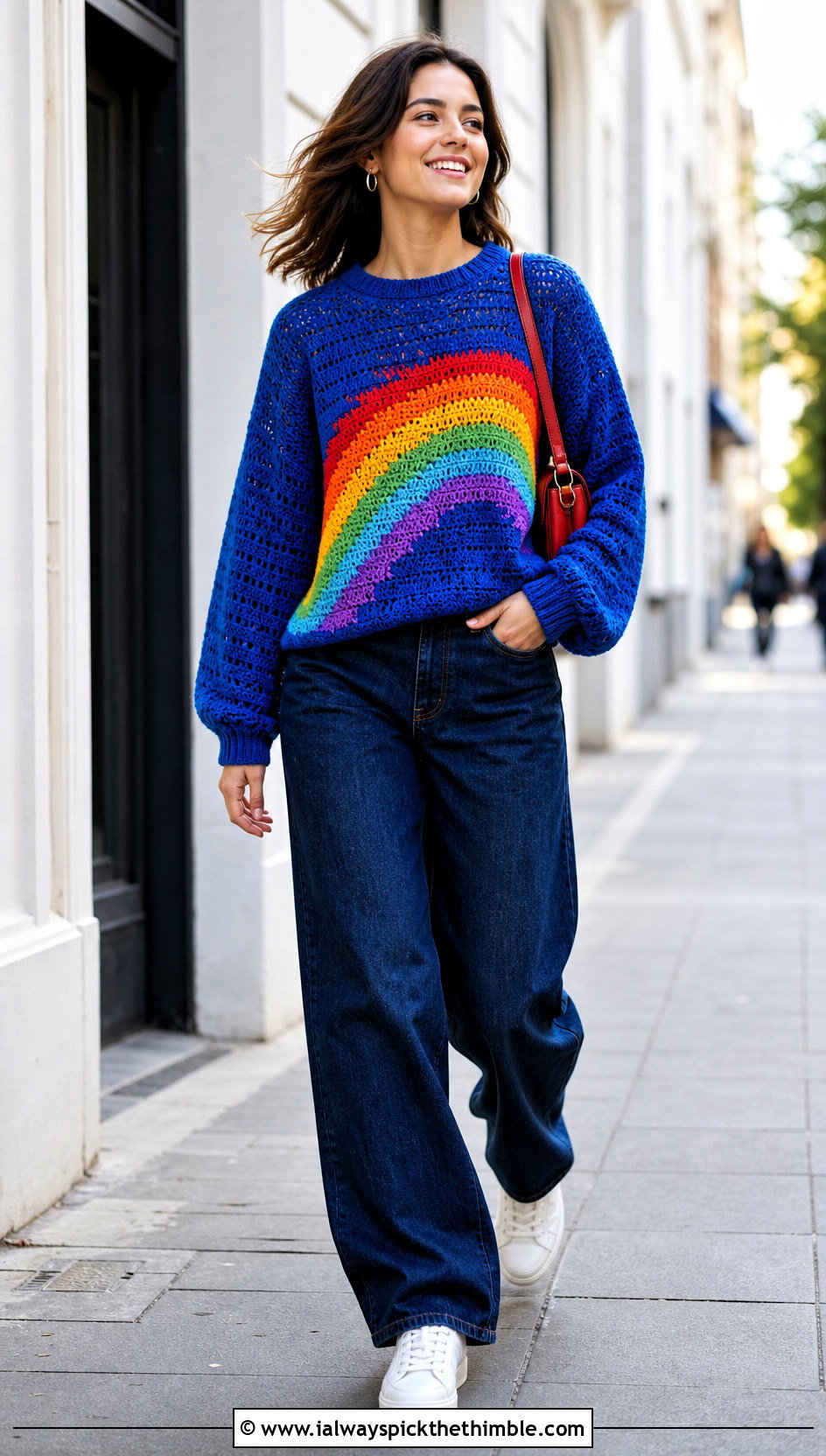 Rainbow Crochet Mabel Sweater With Wide Leg Jeans - 25 crochet mabel sweater outfit ideas