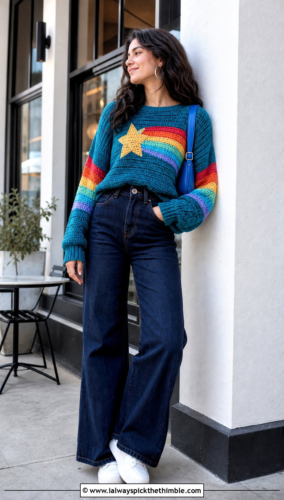 Rainbow Crochet Mable Pines Sweater With Wide Leg Jeans - 15 Crochet Mable Pines Sweater outfit ideas