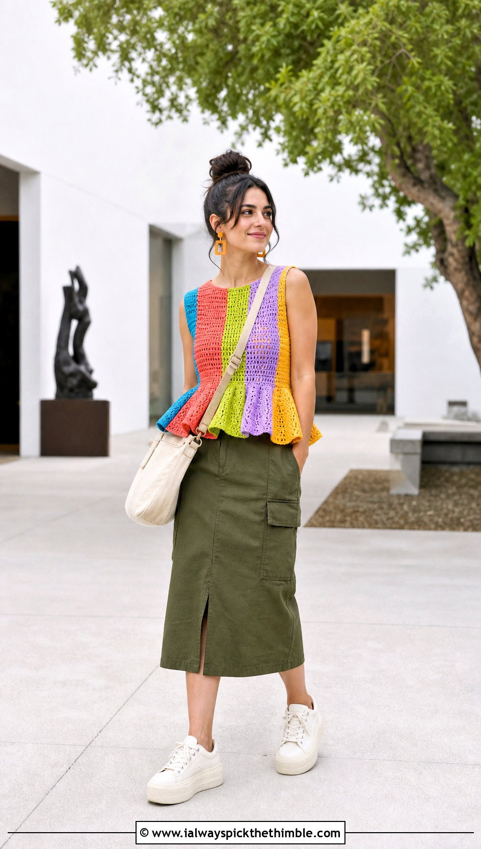 Rainbow Crochet Peplum Top With Utility Midi Skirt - 15 rainbow crochet summer top outfit ideas