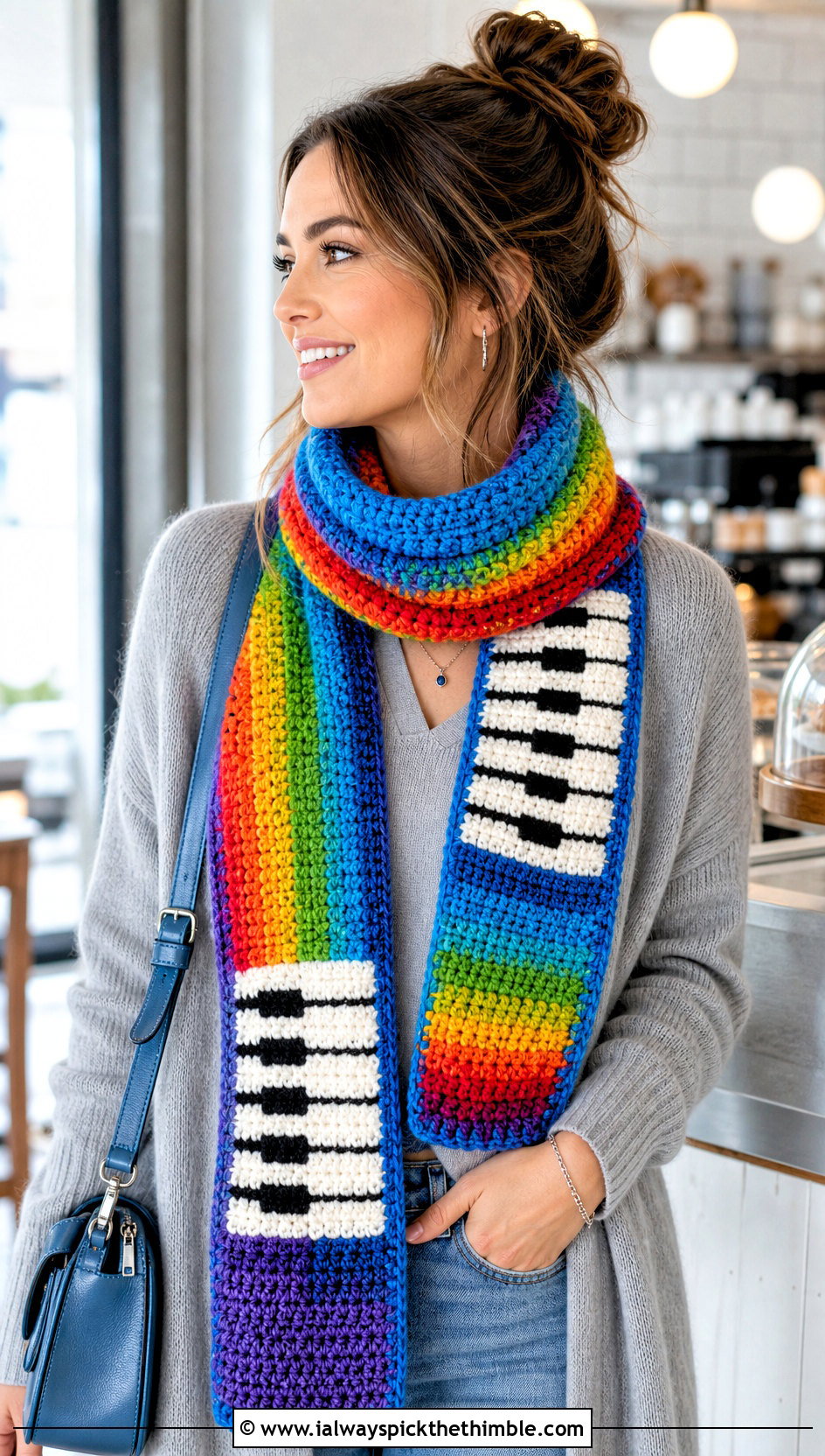 Rainbow Crochet Piano Scarf With Neutral Knit Set - 25 crochet piano scarf outfit ideas
