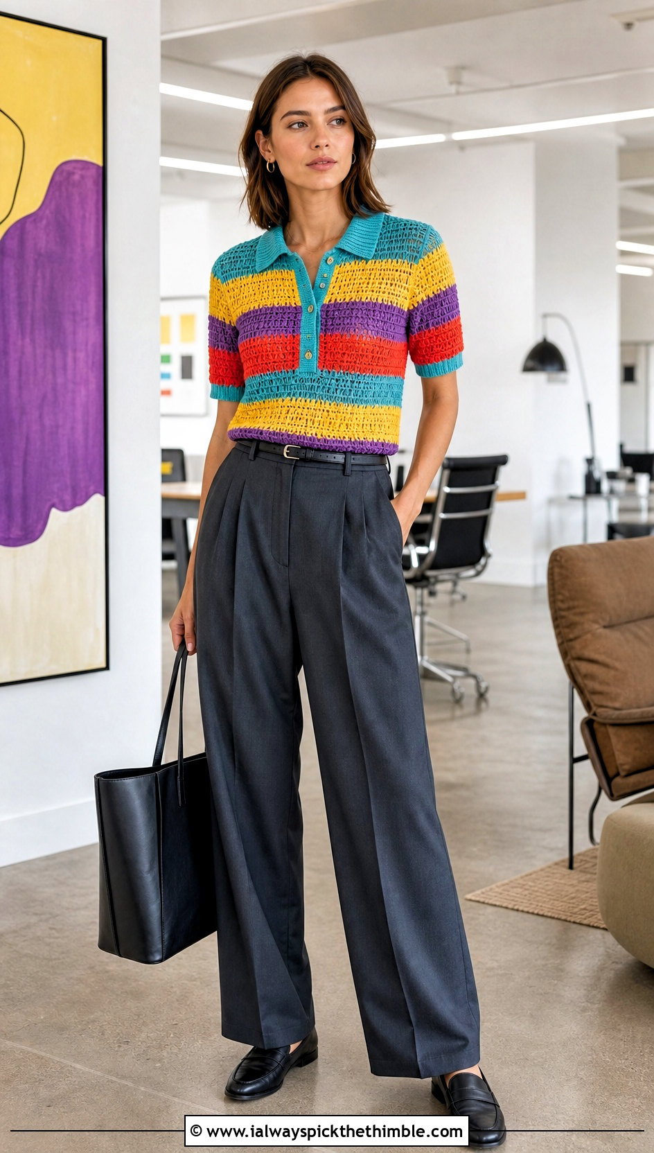 Rainbow Crochet Polo Top With Pleated Trousers - 20 rainbow crochet top outfit ideas