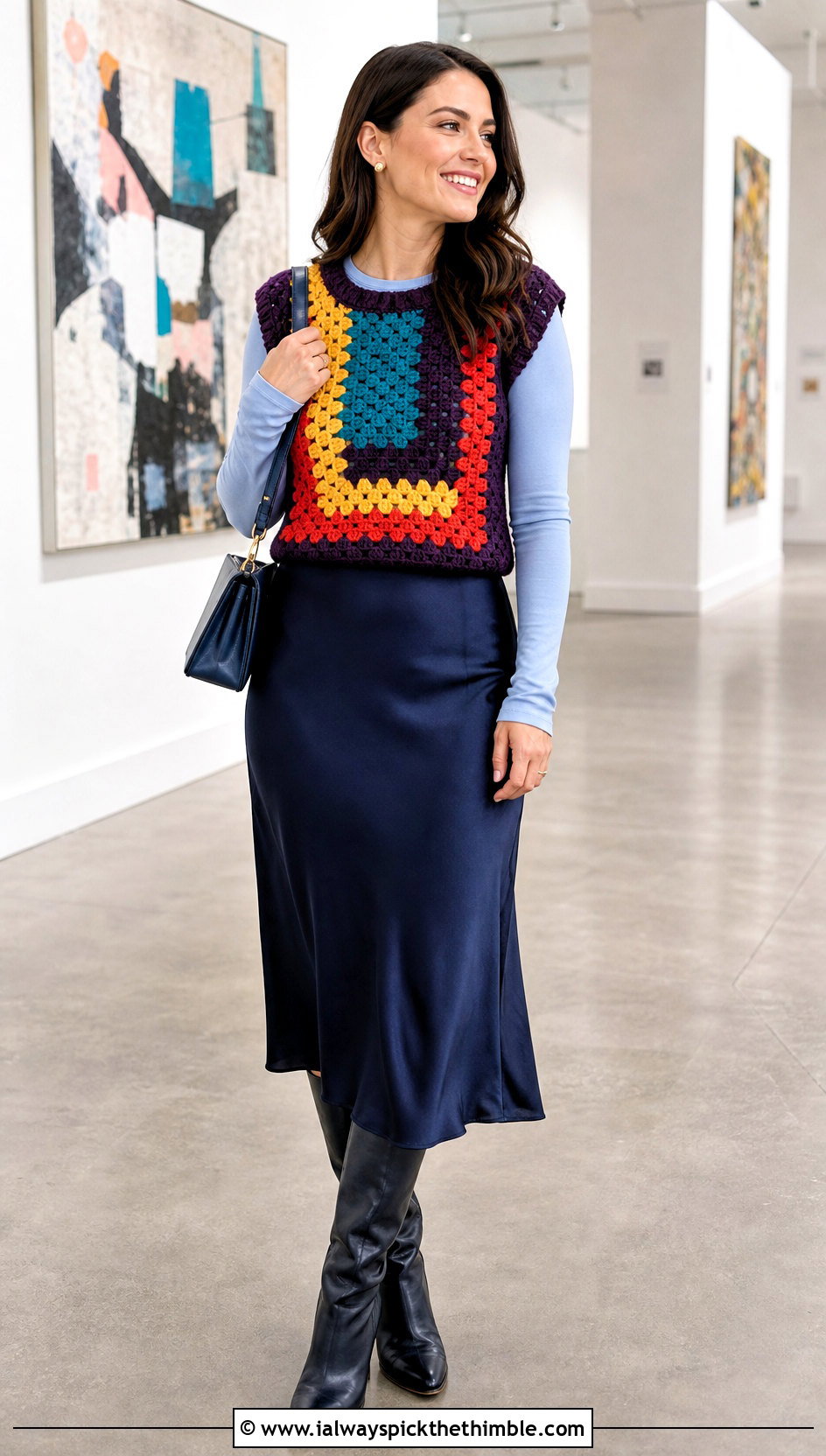 Rainbow Crochet Sweater Vest With Satin Midi Skirt - 20 rainbow crochet top outfit ideas