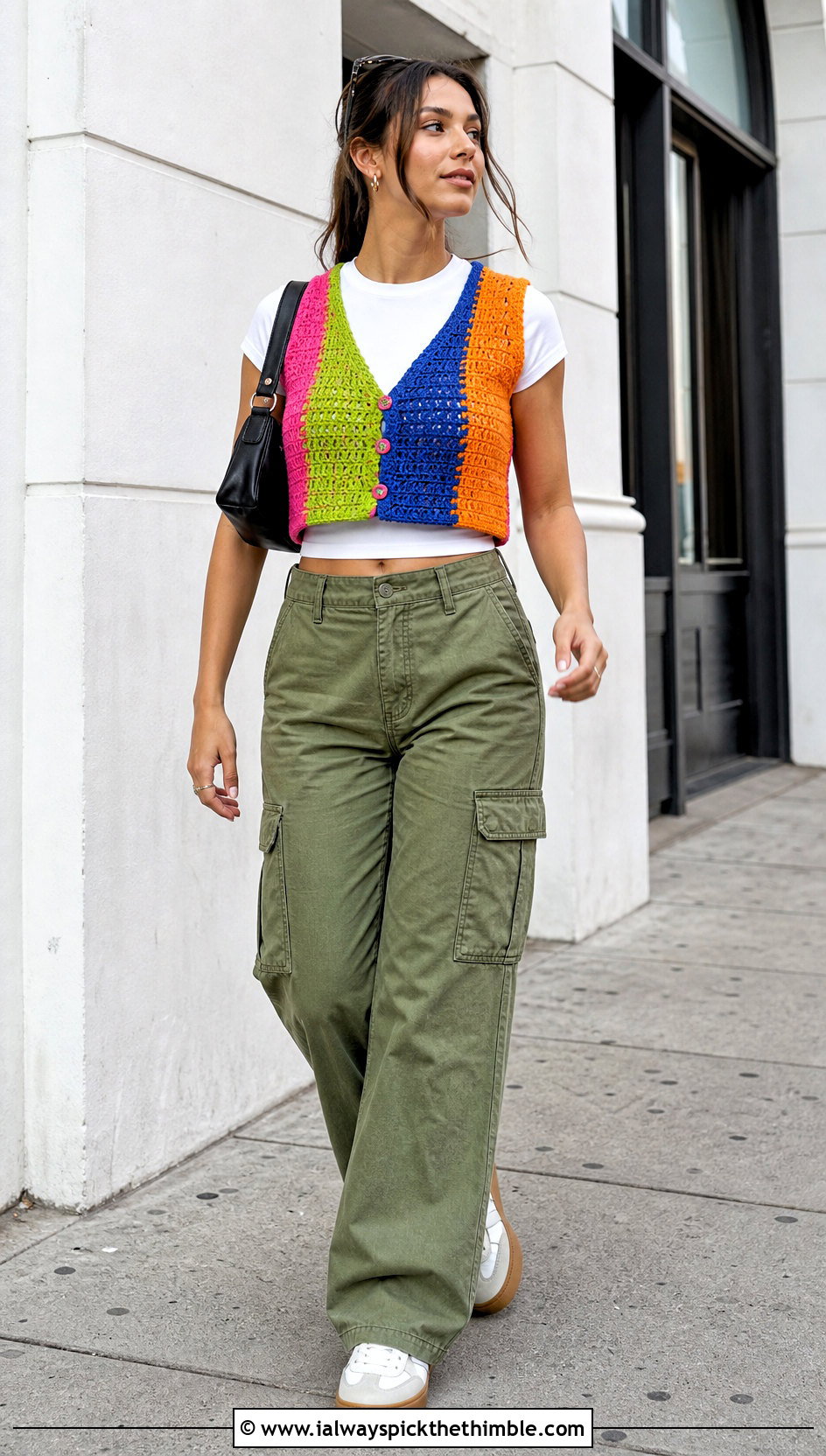 Rainbow Cropped Button Front Crochet Vest With Cargo Pants - 15 vintage rainbow crochet vest outfit ideas