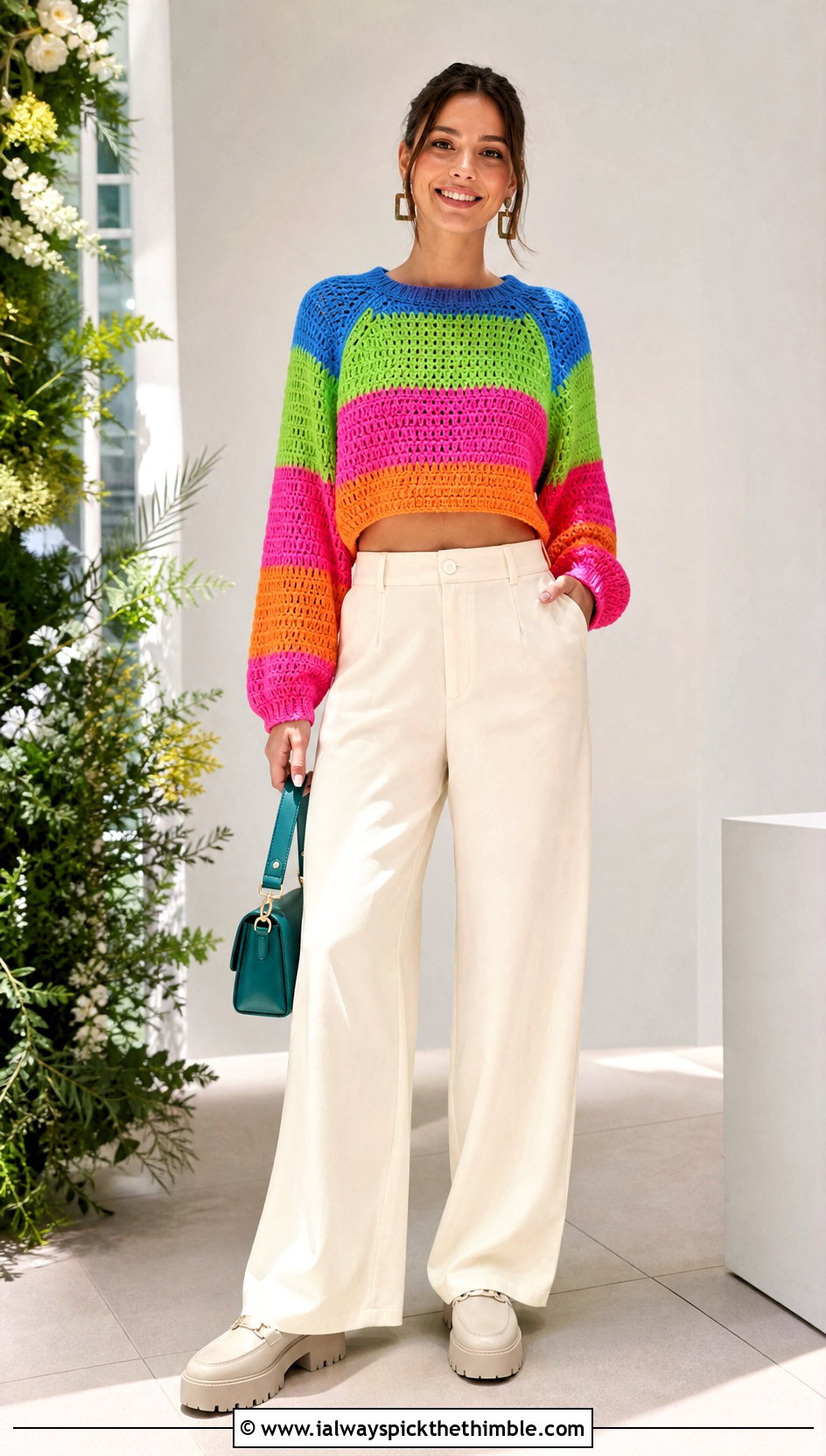 Rainbow Cropped Raglan Sweater With Wide Leg Pants - 15 bright rainbow crochet sweater outfit ideas