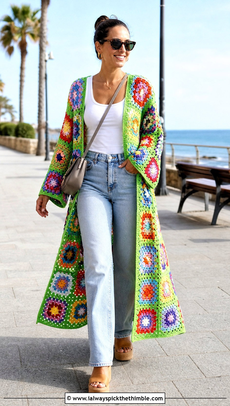 Rainbow Duster Cotton Granny Square Cardigan With Tank And Straight Jeans - 20 cotton granny square cardigan outfit ideas