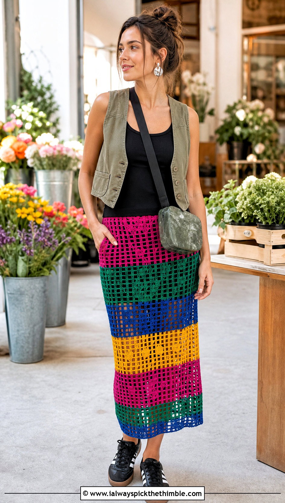 Rainbow Filet Crochet Midi Skirt With Utility Vest - 20 Rainbow Crochet Skirt outfit ideas