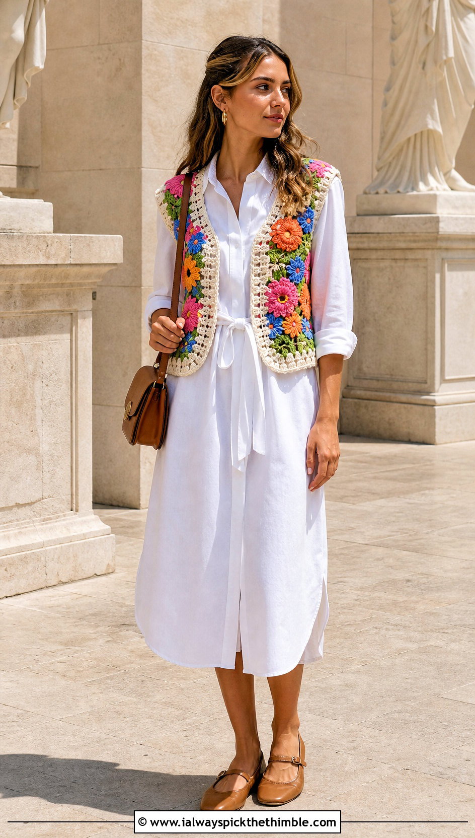Rainbow Floral Applique Crochet Vest With Shirt Dress - 15 vintage rainbow crochet vest outfit ideas